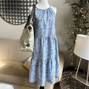 A new day dusty blue floral tie neck tiered midi dress SZ XL